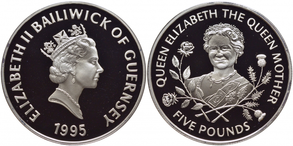 Гернси 5 фунтов 1995 Королева Елизавета, королева мать KM 66a серебро PROOF 01-057-12