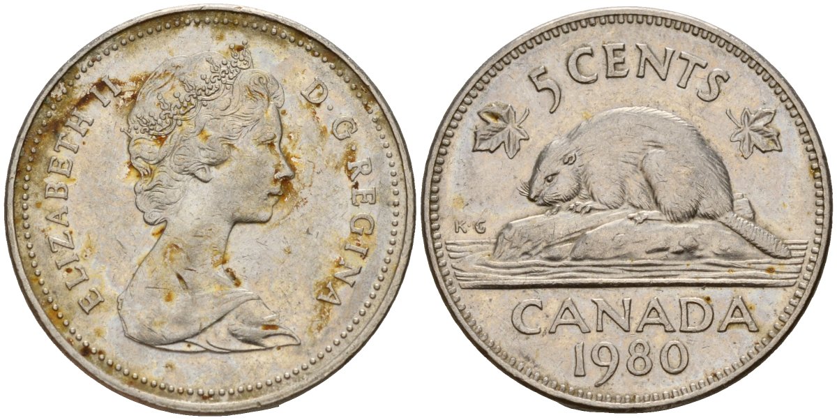 Канада 5 центов 1980 Елизавета II (1953-), бобр KM 60.2 никель 4189-912