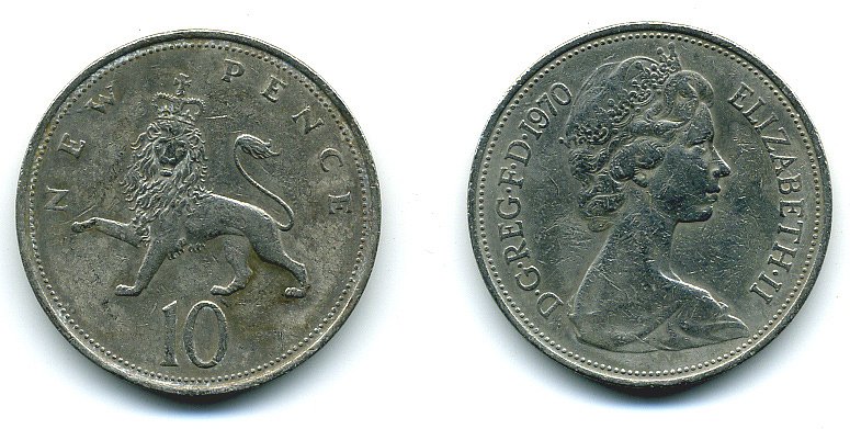 Великобритания 10 пенсов 1970 Елизавета II (1952-2022) KM 912, Spink 4231 (F1) медно-никель  4110-1234