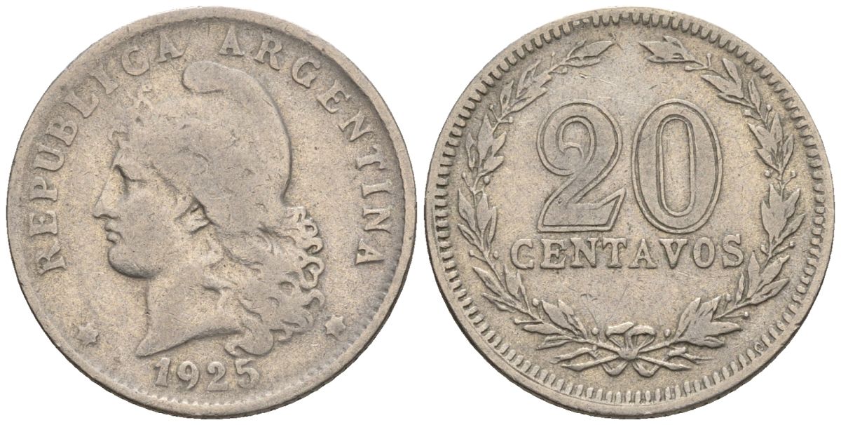 Аргентина 20 сентаво 1925 голова свободы влево KM 36, CJ 74, Schon 39 медно-никель    60-912