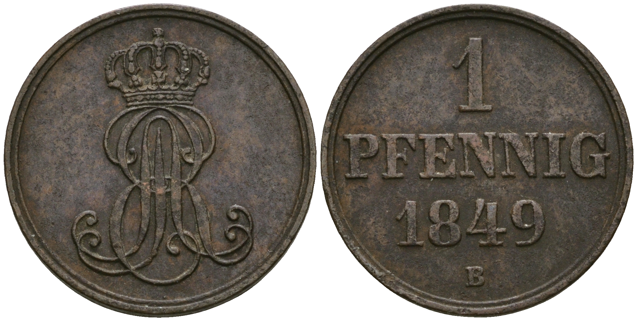 Ганновер 1 пфенниг 1849 B, Эрнст Август (1837-1851) KM 201.1, AKS 129, J. 74 медь 4608-1037