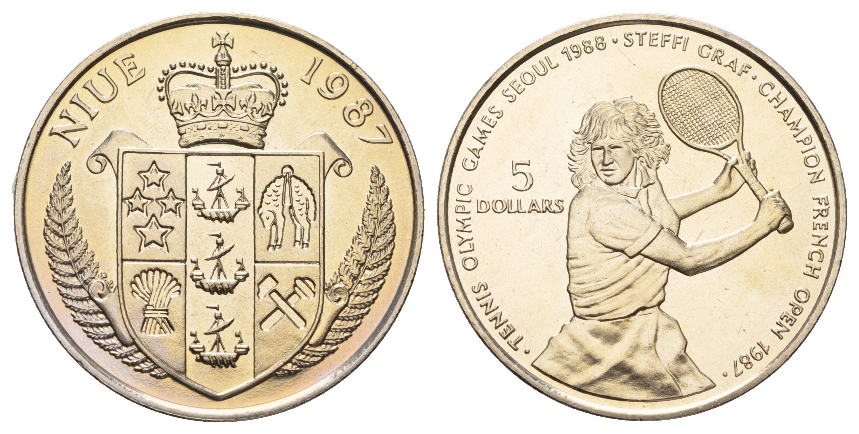 Ниуэ 5 долларов 1987 XXIV летние Олимпийские Игры, Сеул 1988 - Теннис, Штеффи Граф KM 5 медно-никель BU 11-167-14