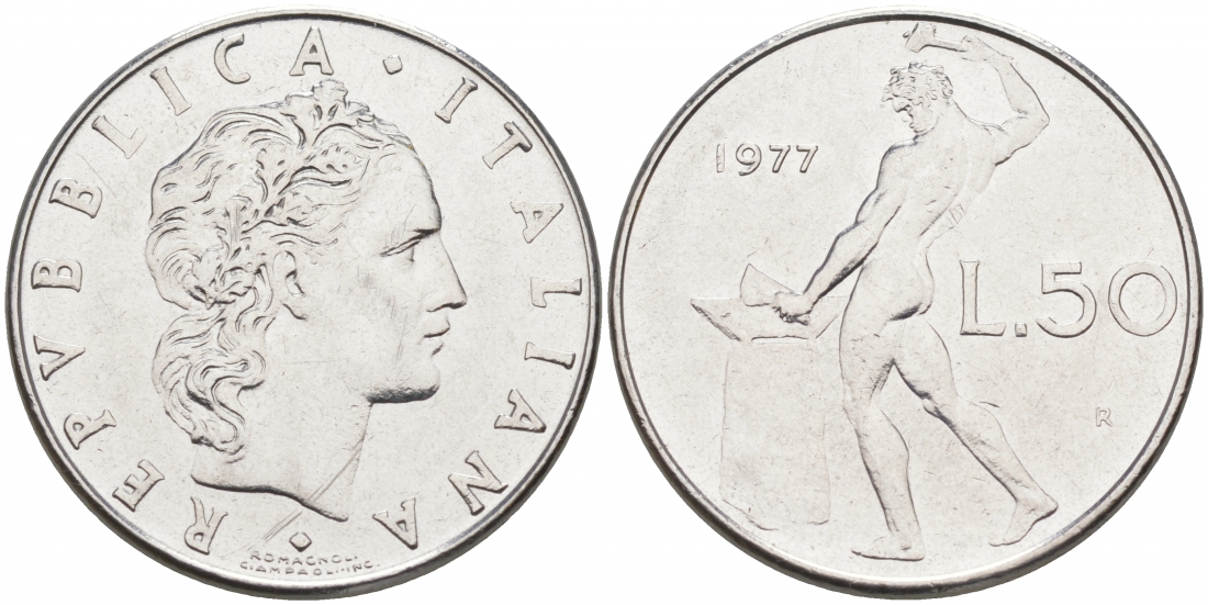 ИТАЛИЯ 50 ЛИР 1977 R, БОГ ОГНЯ ВУЛКАН У НАКОВАЛЬНИ KM 95.1 нержавеющая сталь 3996-943