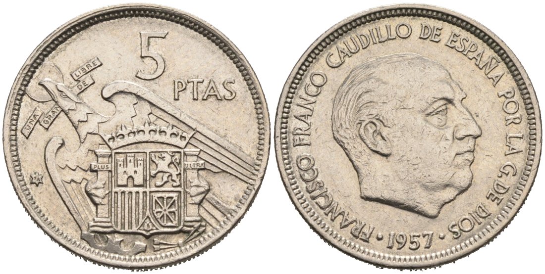 Испания 5 песет 1957(72) Франсиско Франко (1939-1975) KM 786 медно-никель 4571-1225