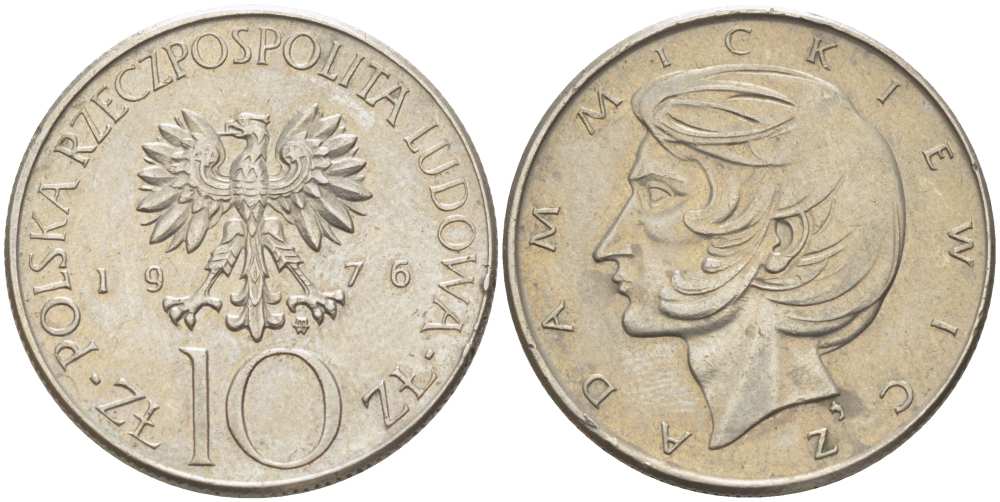 ПОЛЬША 10 ЗЛОТЫХ 1976 MW, АДАМ МИЦКЕВИЧ KM 74, Parchimowicz 241b медно-никель 4514-541