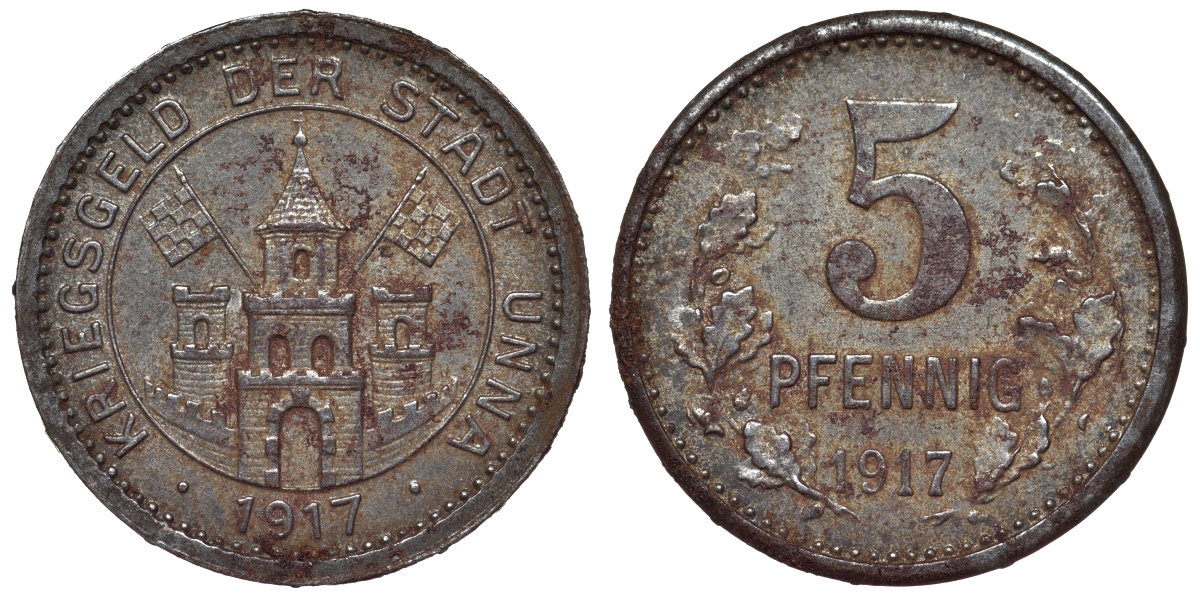 Германия, Унна 5 пфеннигов 1917 Северный Рейн-Вестфалия, нотгельд цинк 4118-1255