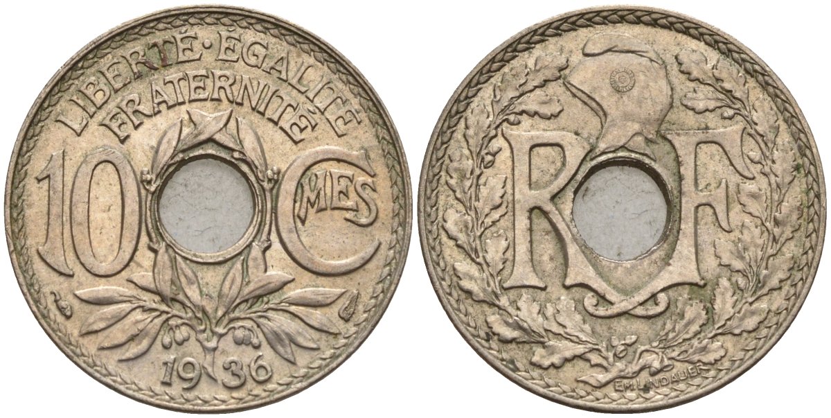 Франция 10 сантимов 1936 KM 866a, Le Franc 138.3 медно-никель 4143-1035