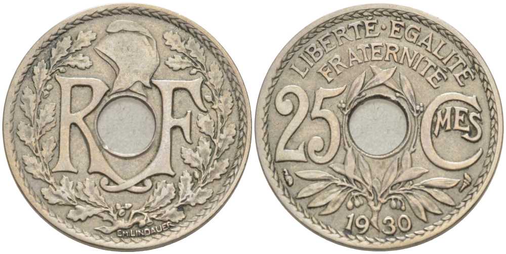 ФРАНЦИЯ 25 САНТИМОВ 1930 ТИП ЛИНДАЙЁ KM 867а, LE FRANC 171.14 медно-никель 202-117