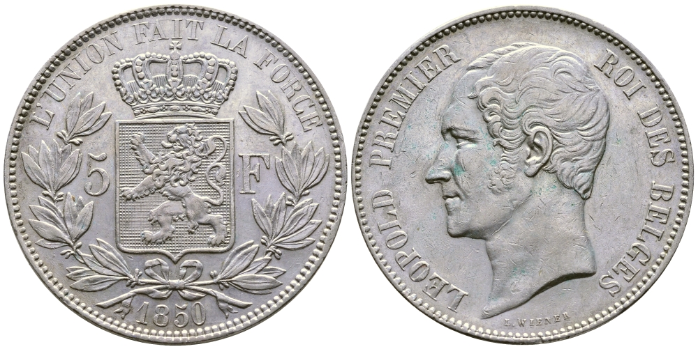 Бельгия 5 франков 1850 Леопольд I (1831-1865) KM 17 серебро 00-1067-9-44