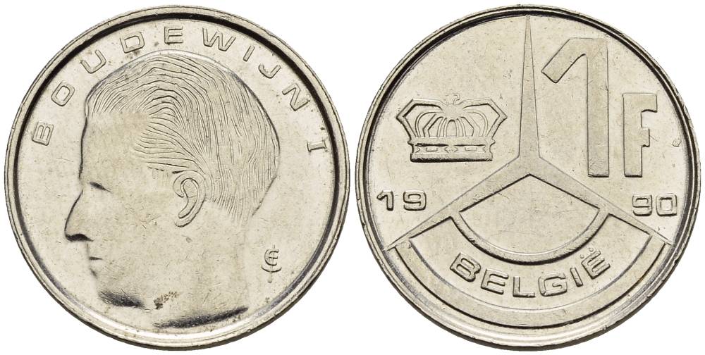 Бельгия 1 франк 1990 Belgie, Бодуэн I (1951-1993) KM 171 нержавеющая сталь 4528-1047