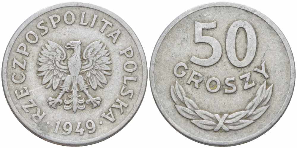 Польша 50 грошей 1949 KM 44а, Parchimowicz 209b алюминий 60-721