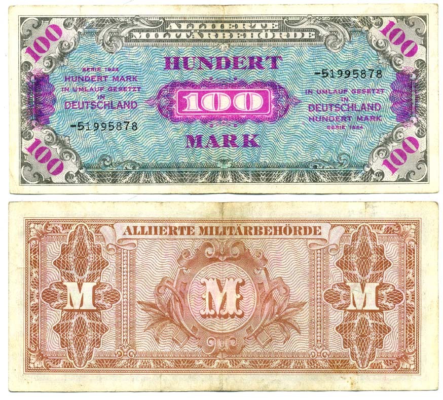 Германия, оккупация союзниками 100 марок 1944 8 цифр, без кода, выпуск СССР Pick 197 d, Розенберг 206 d бумага 7207-38-3