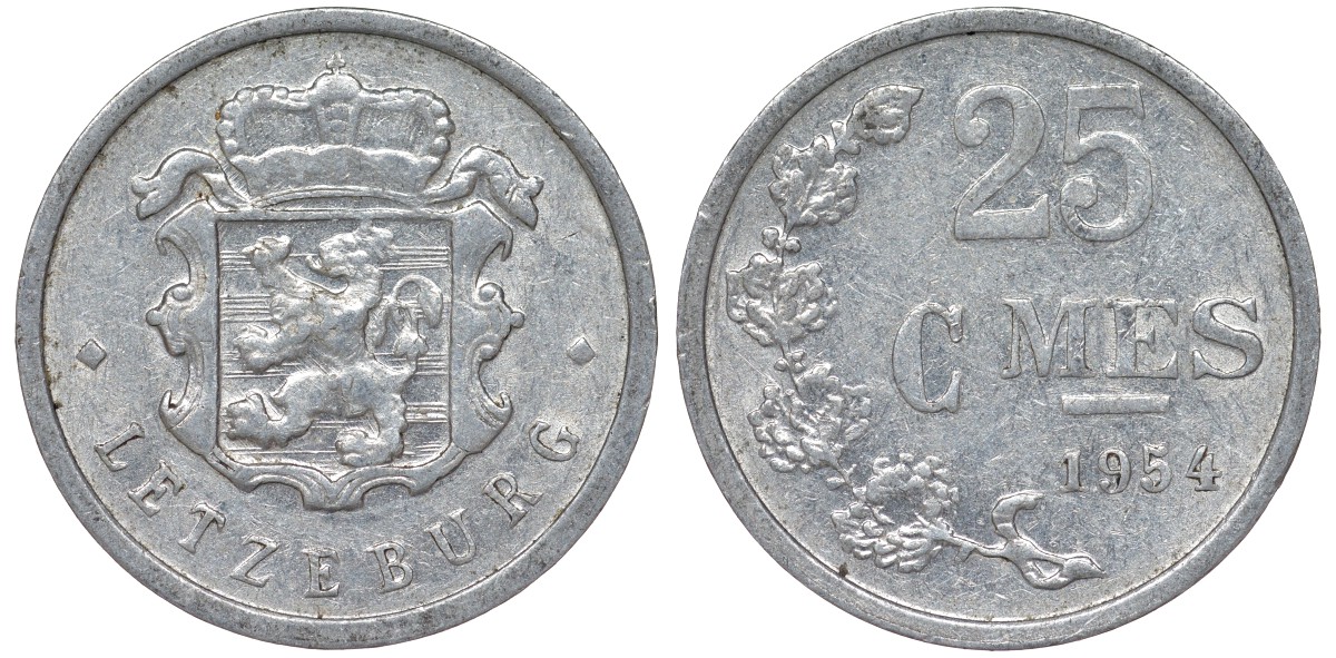 Люксембург 25 сантимов 1954 KM 45a.1 алюминий 4164-353
