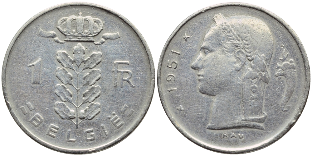 БЕЛЬГИЯ 1 ФРАНК 1951 BELGIE KM 143.1 медно-никель 4390-327