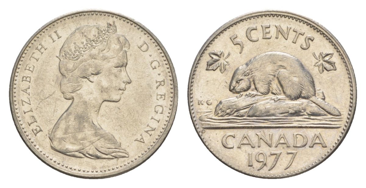 Канада 5 центов 1977 Елизавета II (1952-2022), бобр KM 60.1 никель 4630-725