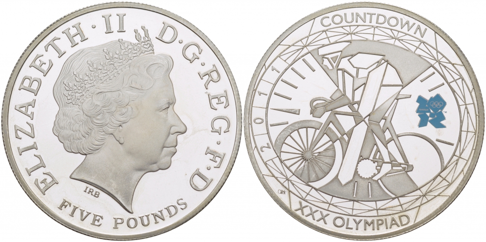 Великобритания 5 фунтов 2011 Елизавета II (1952-2022), XXX Летние Олимпийские игры 2012 в Лондоне 2012 - Обратный отсчет 1 год до начала, велосипедный спорт, KM 1202, Spink LO35 серебро PROOF 11-176-21