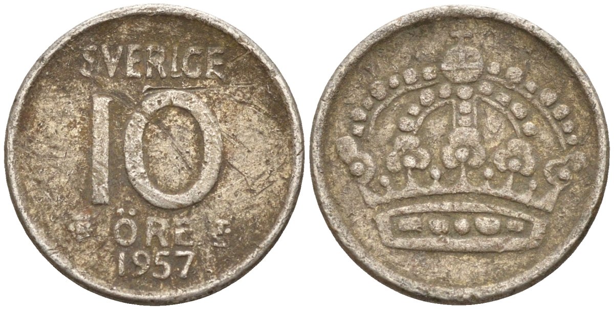Швеция 10 эре 1957 Густав VI Адольф (1950-1973) KM 823 серебро 4147-916