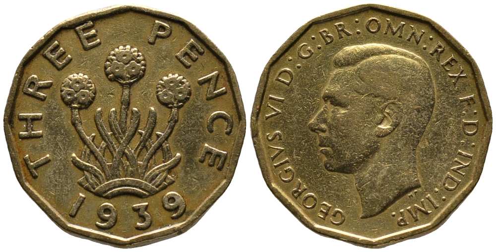 Великобритания 3 пенса 1939 Георг VI (1936-1952), в лаке KM 849, Spink 4112 никель латунь 1518-943