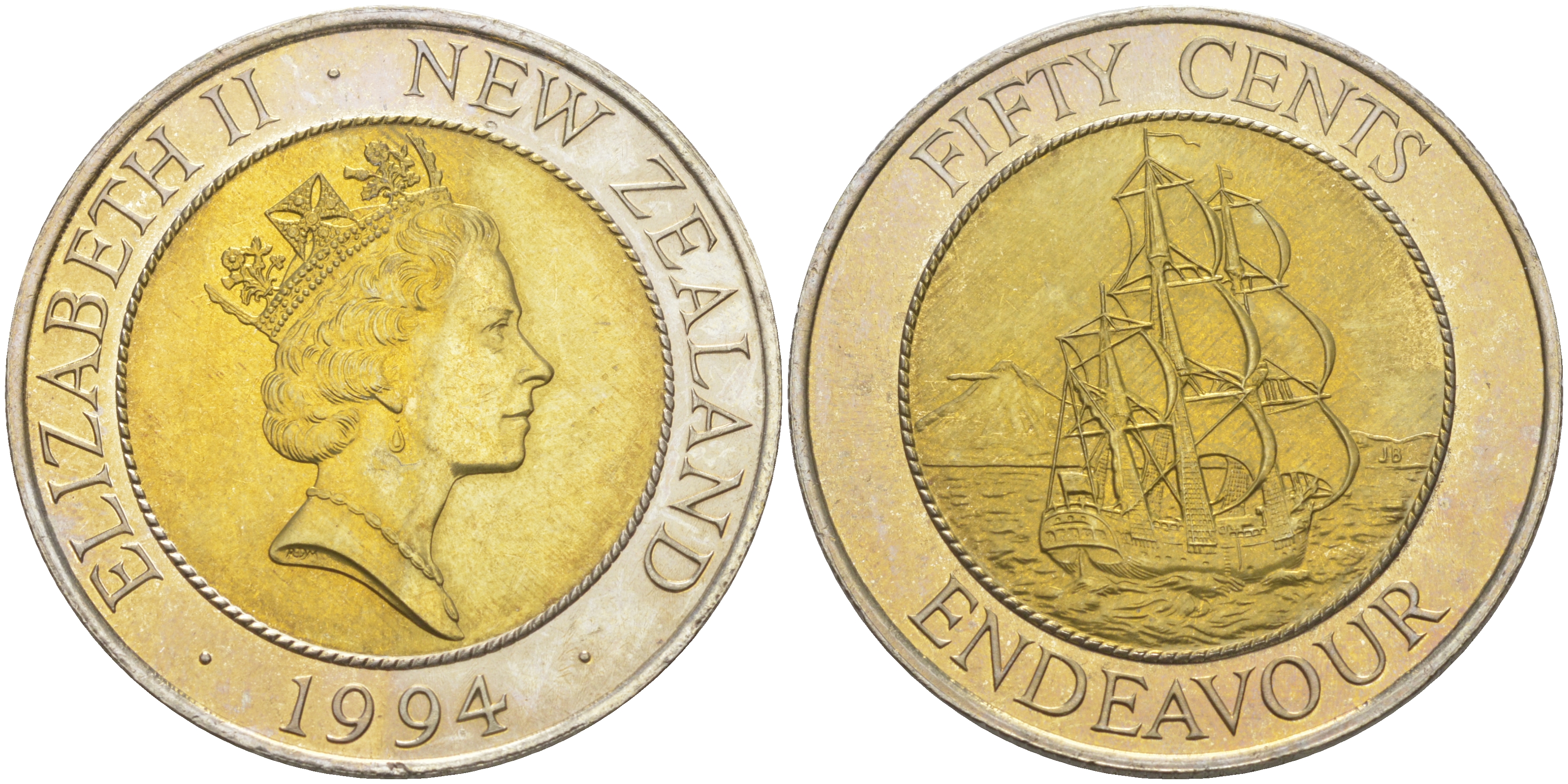 Новая Зеландия 50 центов 1994 Елизавета II (1952-2022), парусник Индевор KM 90 биметалл UNC 1522-1345