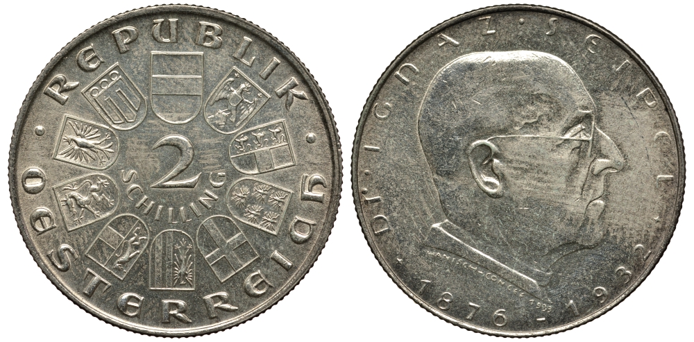 Австрия 2 шиллинга 1933 на смерть канцлера Игнаца Зейпеля KM 2849 серебро 413-5833