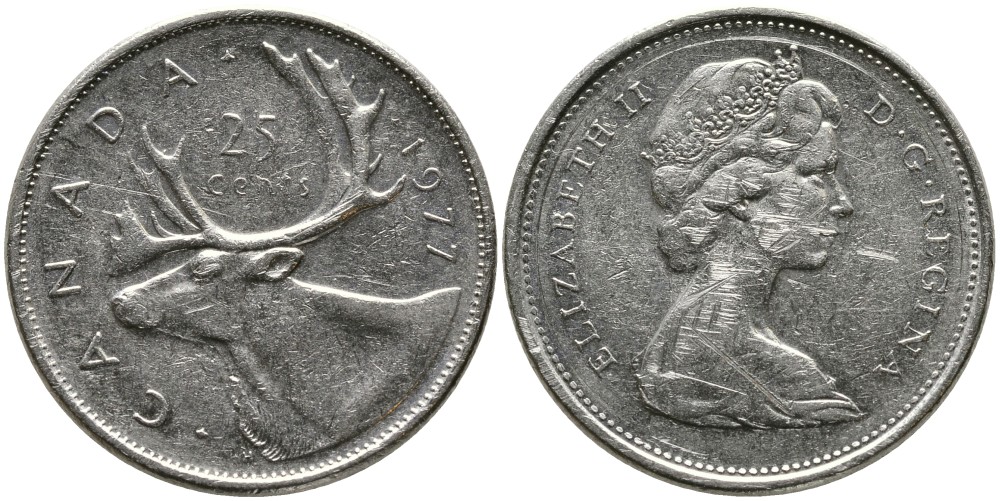 Канада 25 центов 1977 Елизавета II (1952-2022), олень карибу KM 62b никель 4543-737