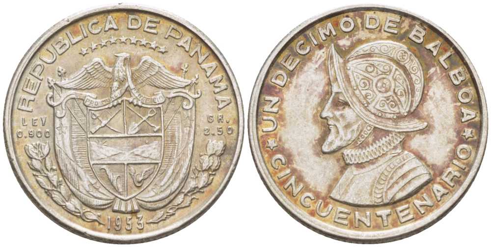 Панама 1/10 бальбоа 1953 50 лет Республике KM 18 серебро 100-124