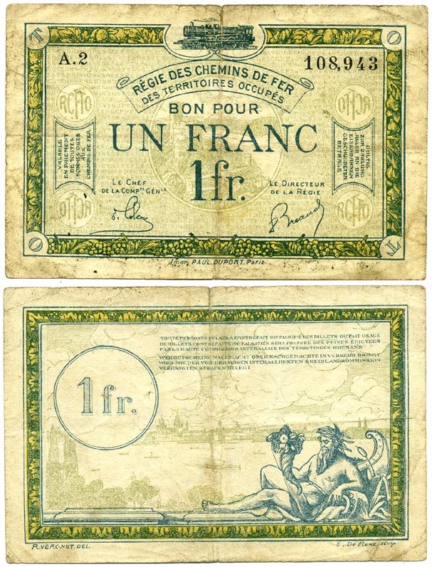 Франция 1 франк ND (1923) Франко-Бельгийская железнодорожная администрация, на оккупированных немецких территориях Pick R5, Rosenberg 859 бумага 6293-40-1-1