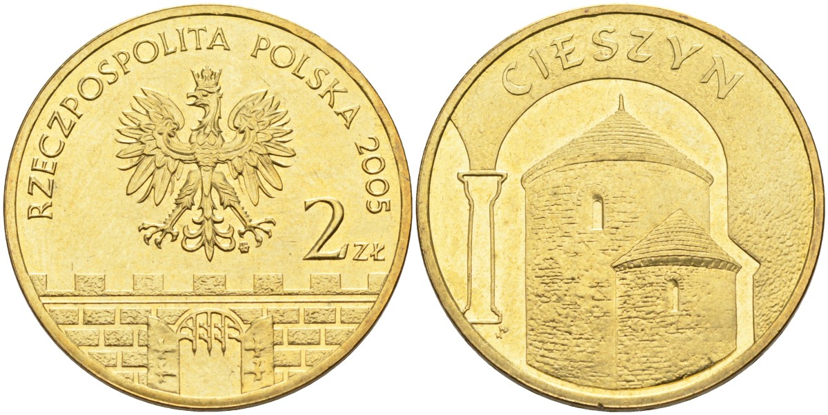 Польша 2 злотых 2005 MW, серия польские города, Цешин (Cieszyn) KM 753, Parchimowicz 962 латунь 4586-1055
