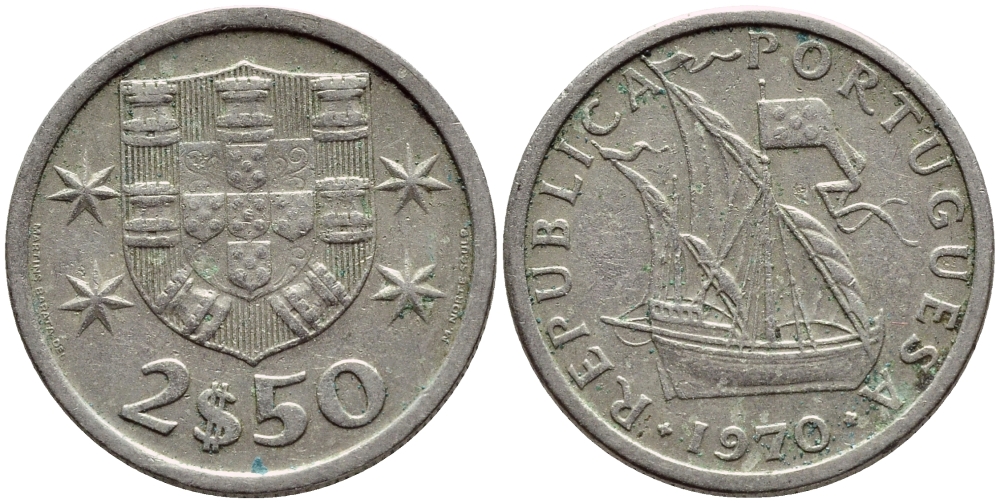 ПОРТУГАЛИЯ 2,5 ЭСКУДО 1970 ПАРУСНИК KM 590 медно-никель 4396-142
