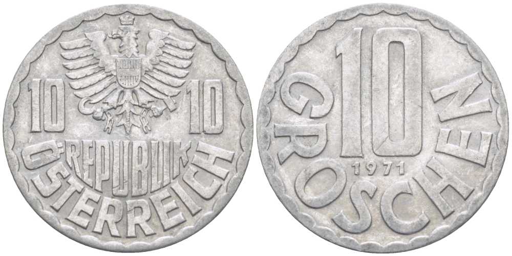 АВСТРИЯ 10 ГРОШЕЙ 1971 KM 2878 алюминий 211-729