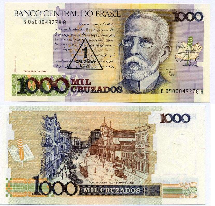 БРАЗИЛИЯ 1 КРУЗАДО НОВЫЙ 1989 НАДПЕЧАТКА НА 1000 КРУЗАДО, ПОДПИСЬ 26, СЕРИЯ В0500, МАЧАДО де АССИС Pick 216b бумага UNC (ПРЕСС) 6262-37-1-2