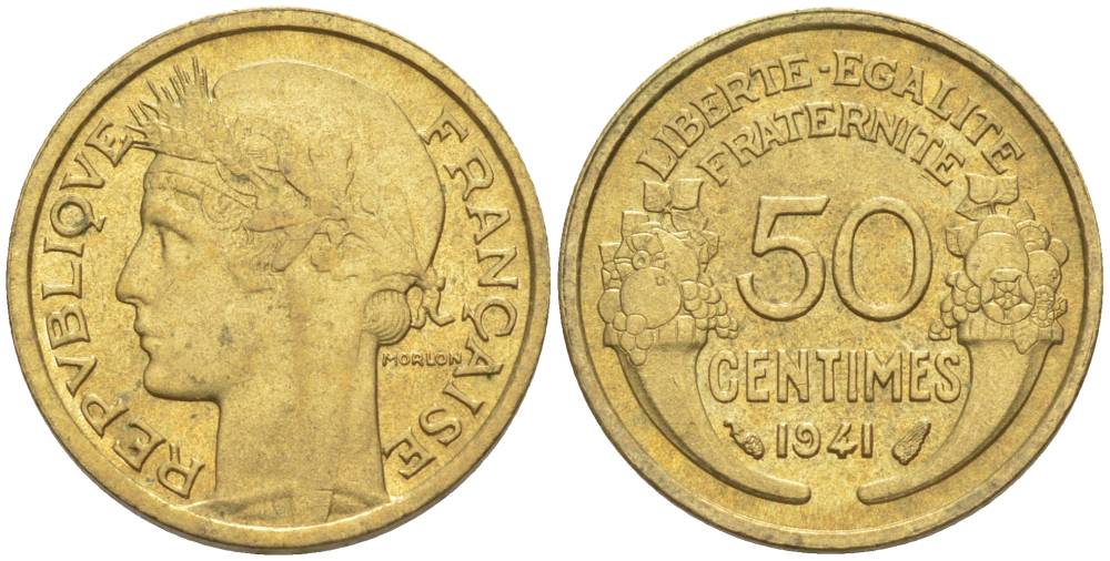 ФРАНЦИЯ 50 САНТИМОВ 1941 ТИП MORLON KM 894.1, LE FRANC 192.18 алюминиевая бронза 44-555