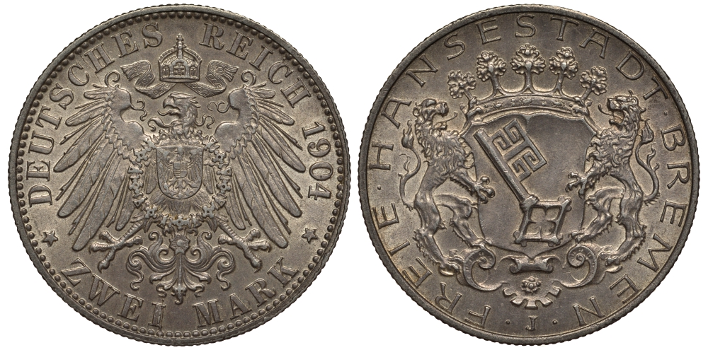 Бремен 2 марки 1904 J, Weege 59, J. 59, KM 250 серебро 00-819-64