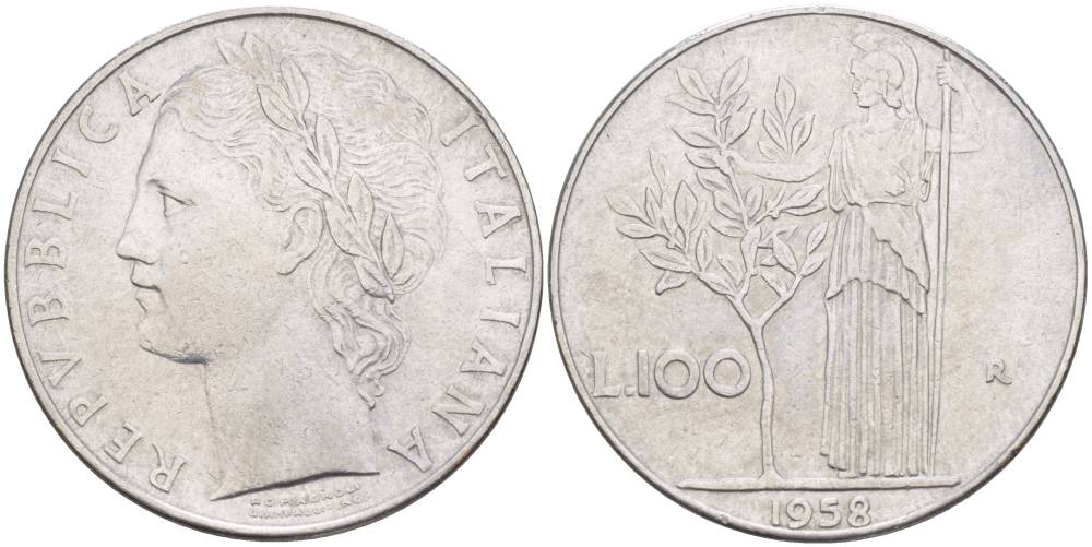 ИТАЛИЯ 100 ЛИР 1958 R, АФИНА У ОЛИВКОВОГО ДЕРЕВА KM 96.1 нержавеющая сталь 4545-623