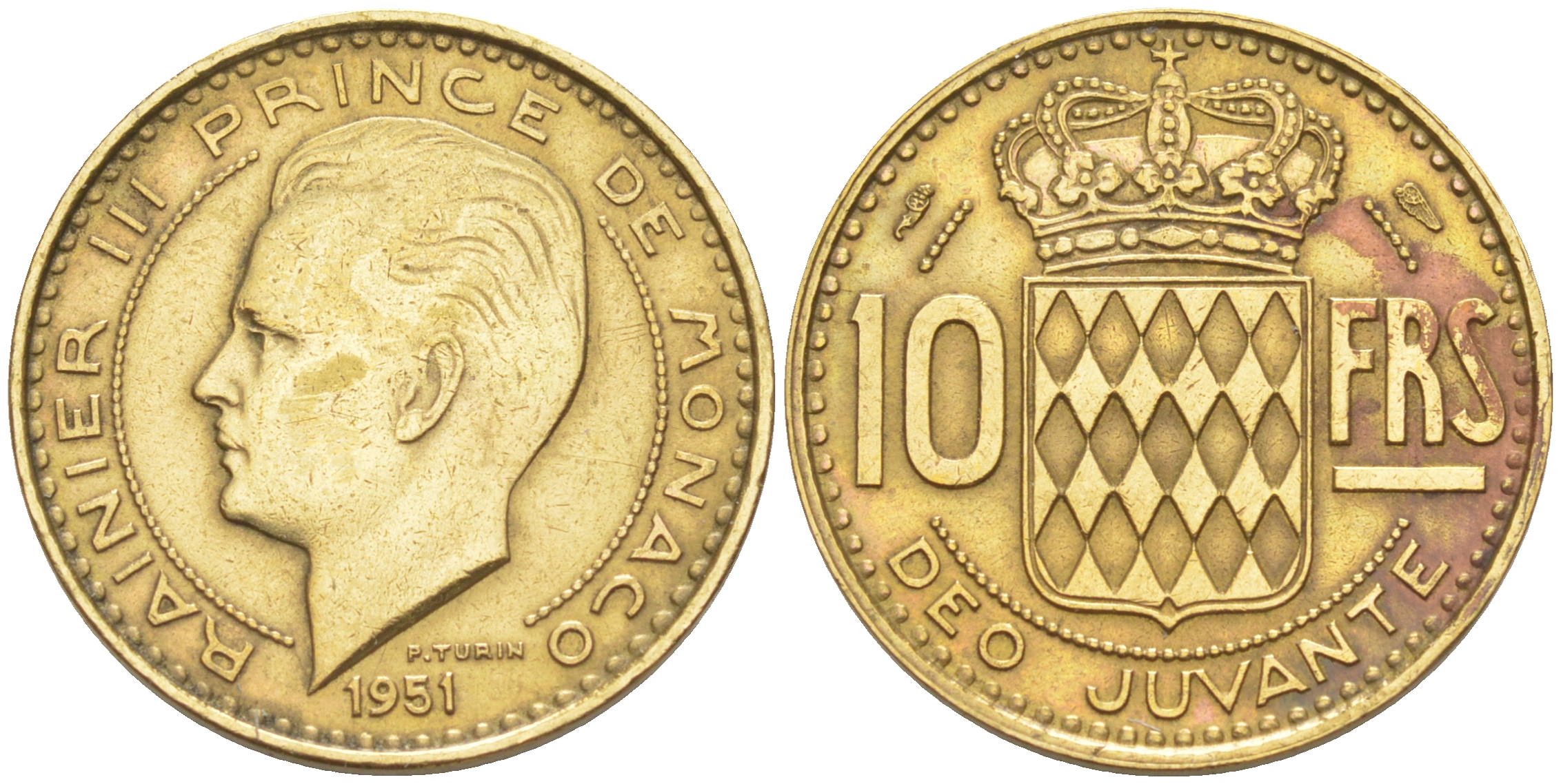 Монако 10 франков 1951 Ренье III (1949-2005) KM 130 алюминиевая бронза 188-1056