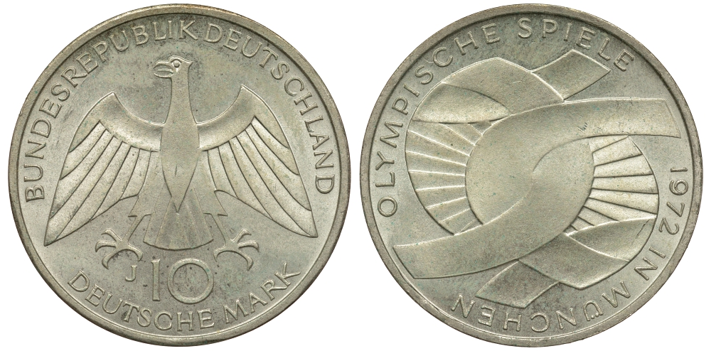 ФРГ 10 марок 1972 J, XX летние Олимпийские игры 1972 года в Мюнхене, символика KM 131, J.402 серебро 1520-232