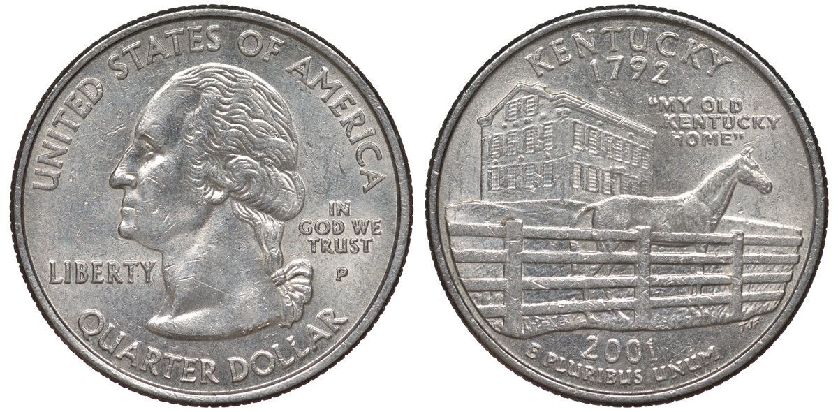 США 25 центов = квотер 2001 Р, серия штаты США, Кентукки KM 322 медь плакированная медно-никелем 4539-311