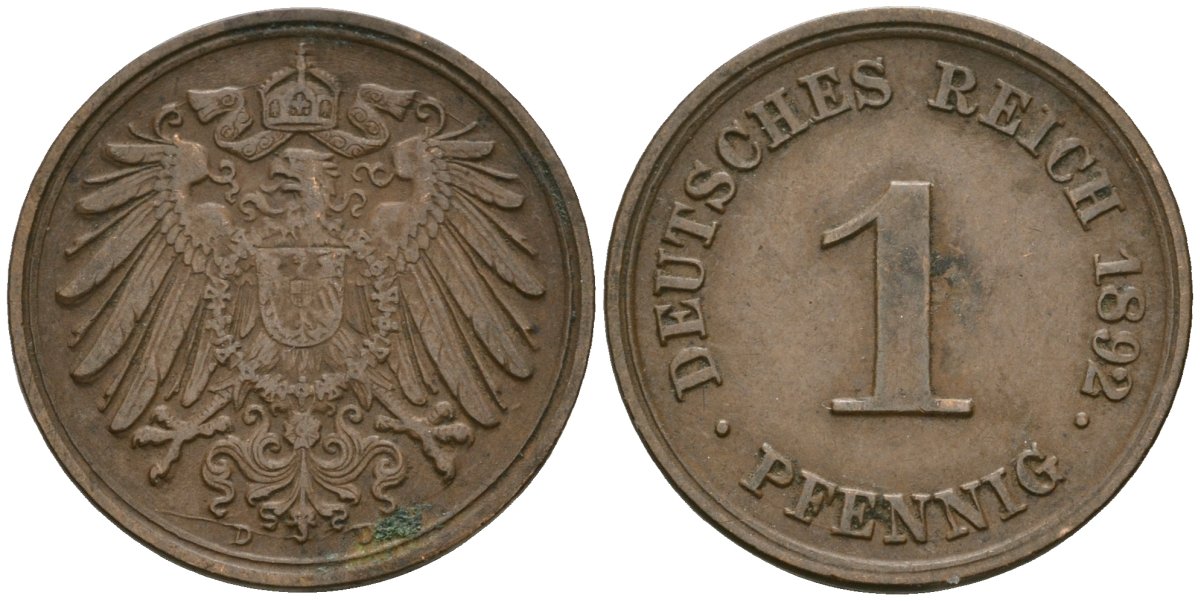 Германия 1 пфенниг 1892 D, Вильгельм II (1888-1918) KM 10, J. 10 медь 4608-128