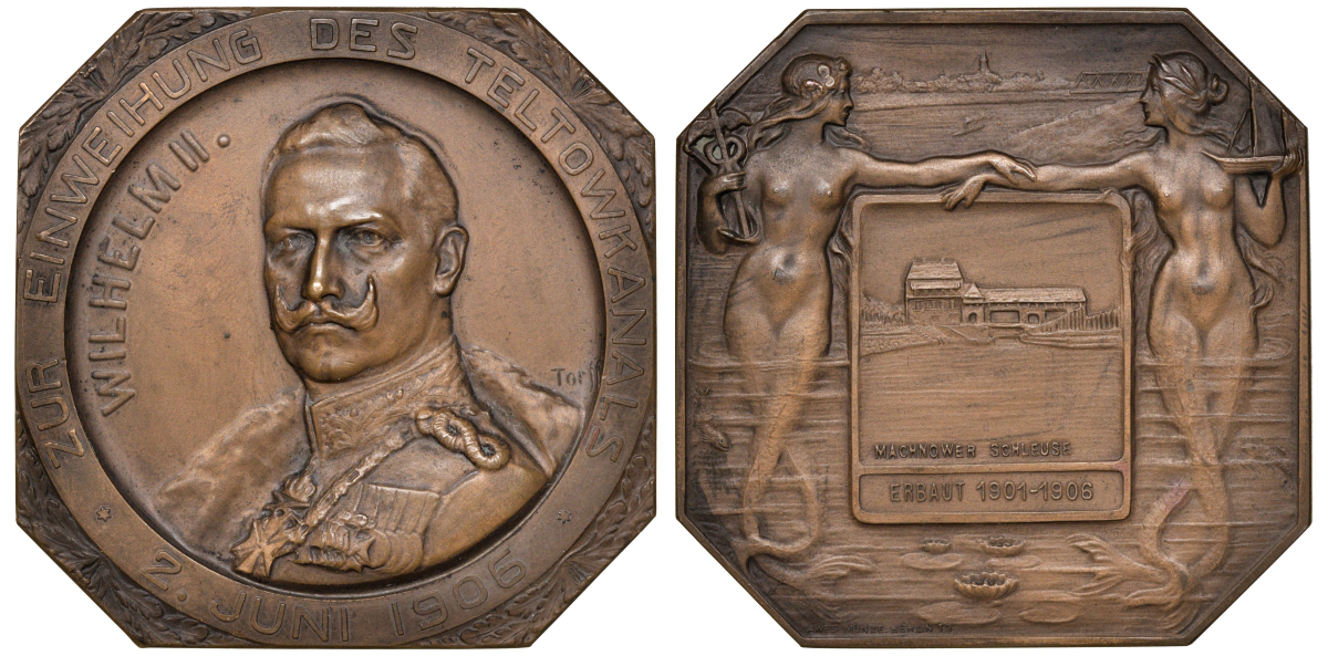 Германия медаль 1906 На сооружение Телтов канала. Вильгельм II. Русалки. 56,5 x 56,5 mm Wurzbach 9695 бронза UNC 00-000