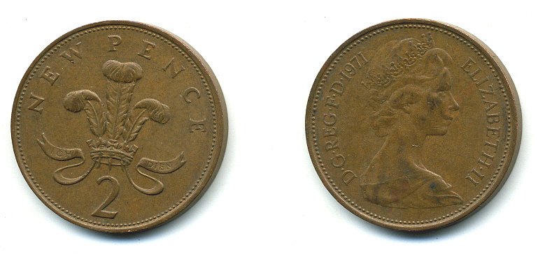 Великобритания 2 пенса 1971 Елизавета II (1952-2022) КМ 916, Spink 4235 (C1) бронза 4110-613