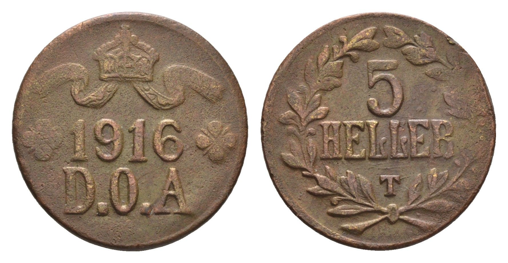 Германская Восточная Африка 5 геллеров 1916 T, год-тип KM 14 латунь 1528-1114