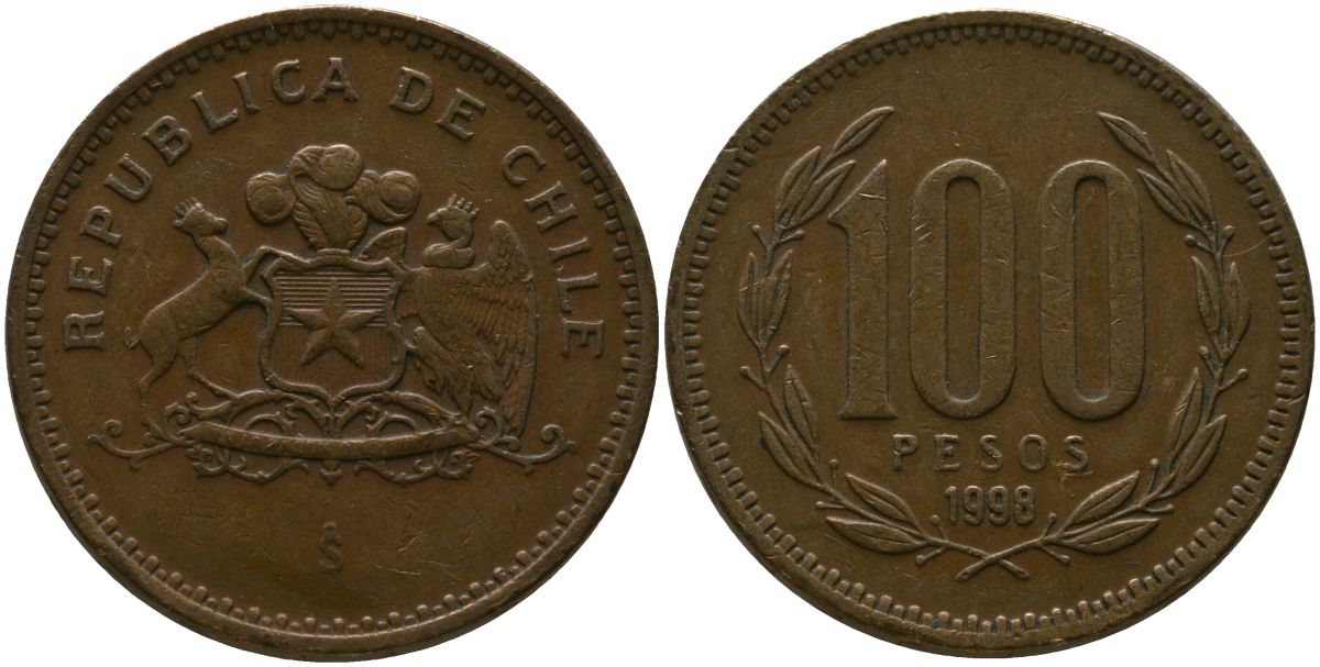 Чили 100 песо 1998 So KM 226.2, Schon 71 алюминиевая бронза 4544-1254