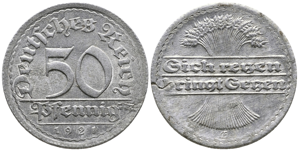 ГЕРМАНИЯ 50 ПФЕННИГОВ 1921 GF KM 27, J. 301 алюминий 24-1014