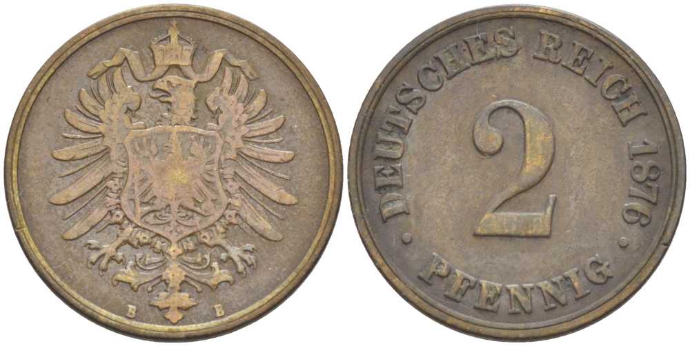 ГЕРМАНИЯ 2 ПФЕННИГА 1876 B, СТАРОГЕРБОВКА KM 2, J. 2, Weege 3 медь 212-627