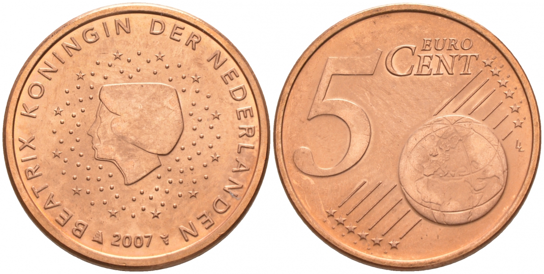 НИДЕРЛАНДЫ 5 ЕВРОЦЕНТОВ 2007 KM 236 сталь плакированная медью UNC 186-243