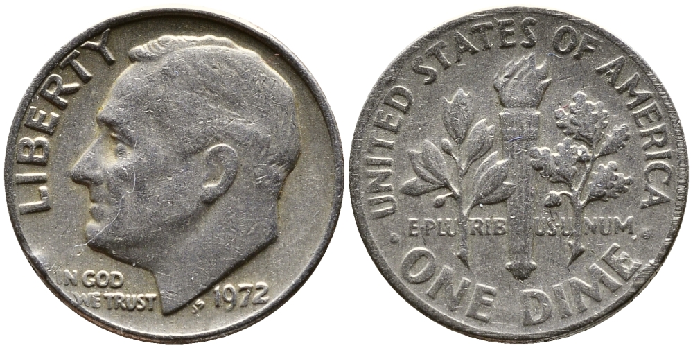 США 10 ЦЕНТОВ = 1 ДАЙМ 1972 РУЗВЕЛЬТ KM 195а медь плакированная медно-никелем 26-863