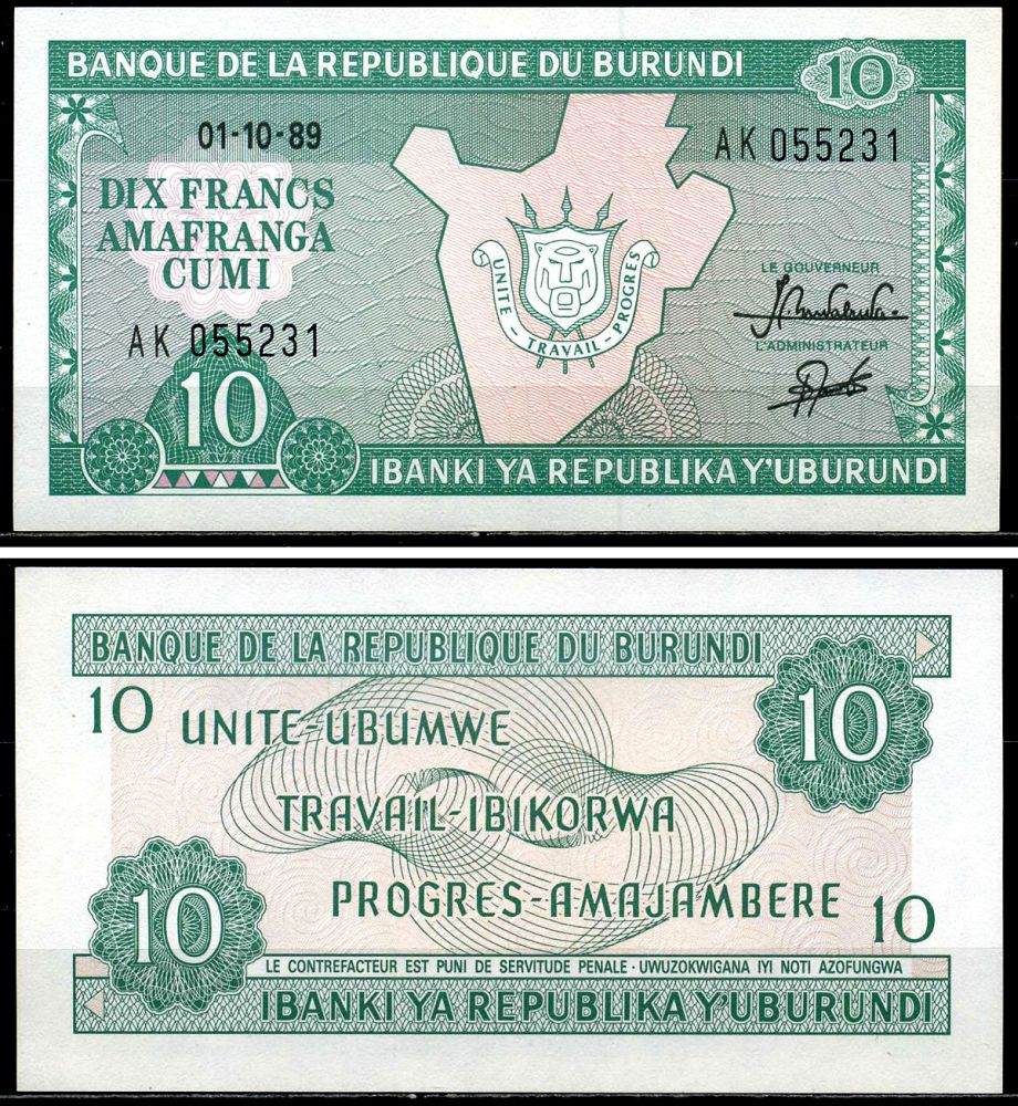 Бурунди 10 франков 1989 1 октября 1989 Pick 33b бумага UNC (пресс) 6299-34-1-1