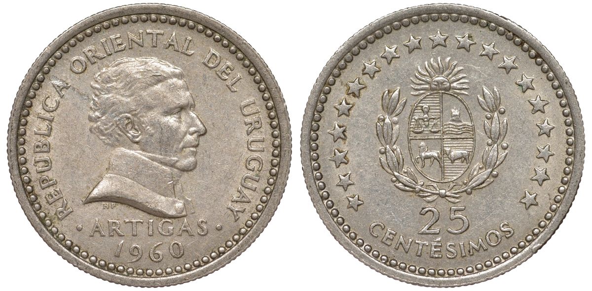 Уругвай 25 сентесимо 1960 KM 40 медно-никель 4580-1159