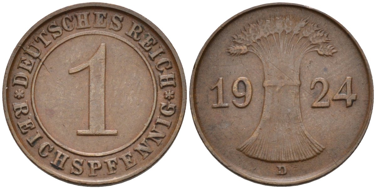Германия 1 рейхспфенниг 1924 D KM 37, J.313, Weege 2 медь 4585-549