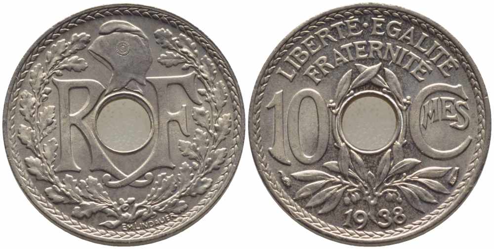 ФРАНЦИЯ 10 САНТИМОВ 1938 ТИП ЛИНДАЙЁ KM 866а, LE FRANC 138.25 медно-никель 108-234